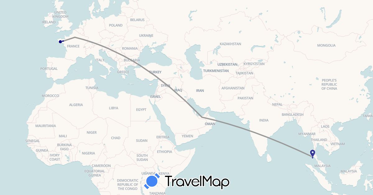 TravelMap itinerary: driving, plane in United Arab Emirates, France, Thailand (Asia, Europe)